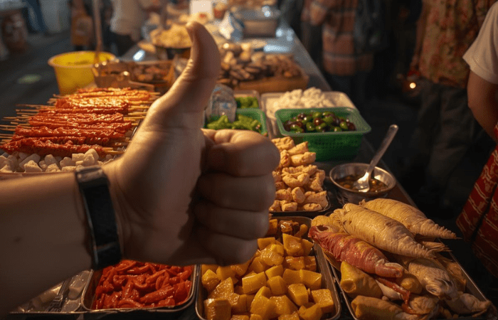 屋台を背景にいいねの指