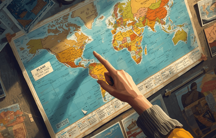 世界地図に指を刺している