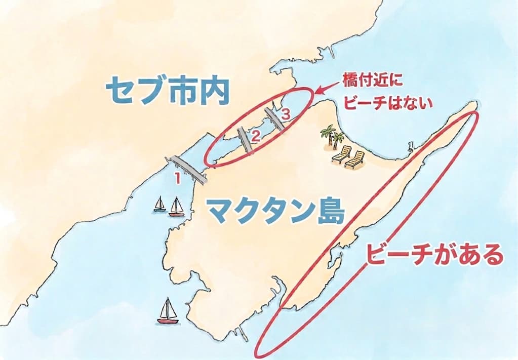 マクタン島とセブ島の位置関係マップ